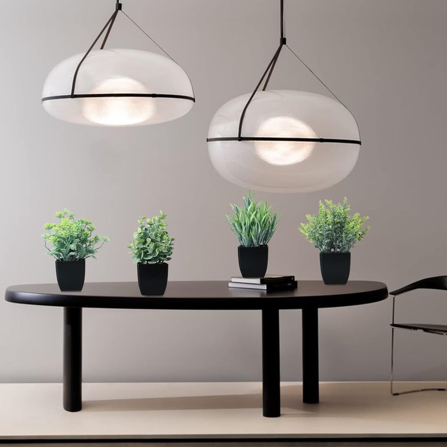GREENTIME 4 Pack Fake Plants in Black Pot Mini Artificial Eucalyptus Potted Plant Small Faux Grass Greenery Potted for Indoor Home Office Farmhouse Bathroom Table Decoration
