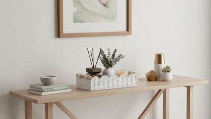 CubesLand Paper Rope Scalloped Edge Toilet Paper Storage Basket, Small Living Room, Bedroom Decor Baskets for Over Toilet Storage Shelf, End Table, Shelves and More, with 2 Wooden Handle, Neutral