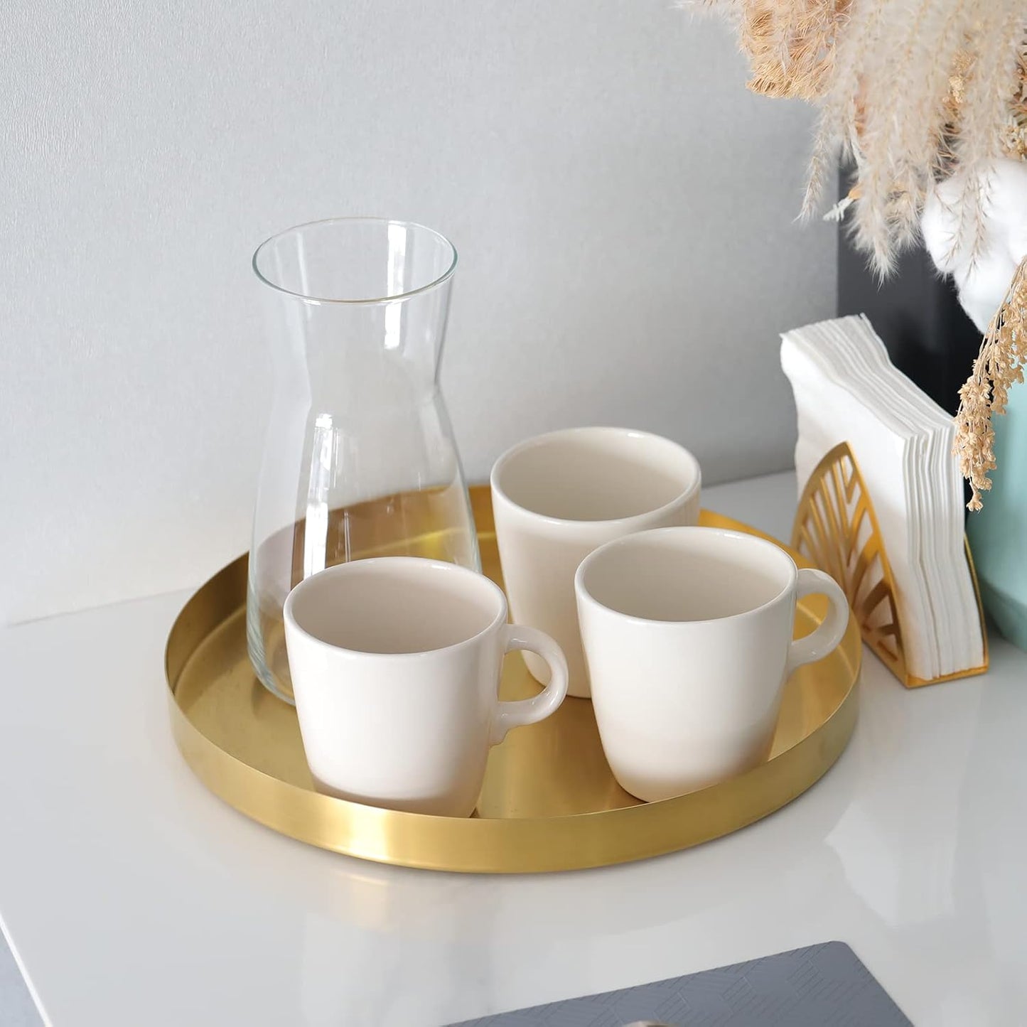 FREELOVE Gold Tray, Round Brass Serving Platter, Bar Circle Decorative Plate, Coffee Table Metal Decor Dishes, Brushed Hammered Coasters, Counter Bathroom Kitchen Dessert Cart Display Food, 12 inch