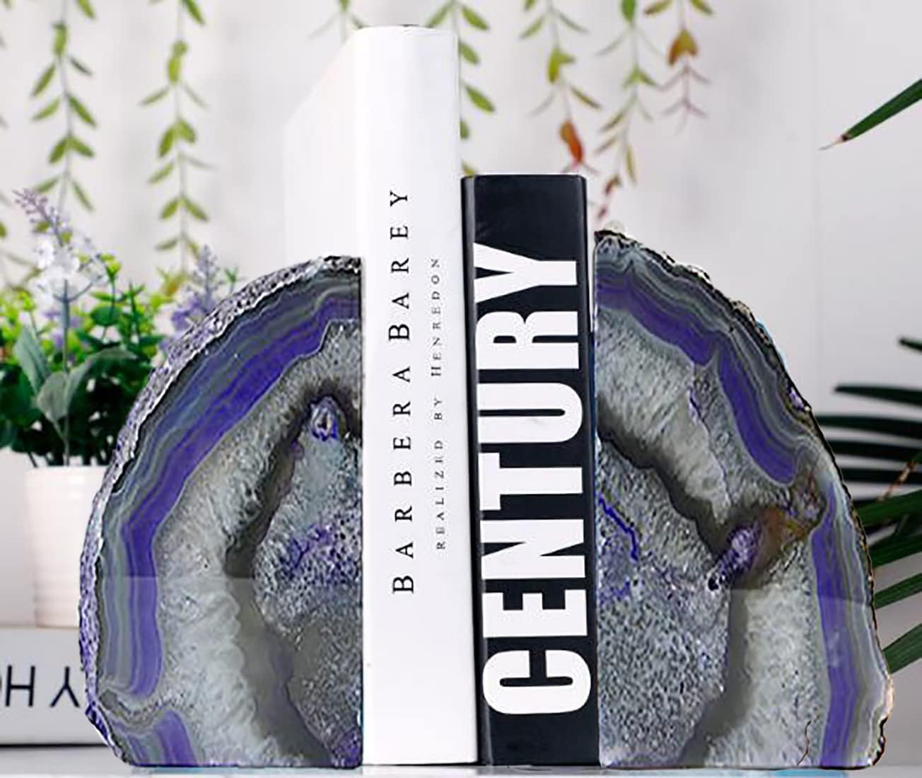 JIC Gem Dyed Blue Agate Bookends Geode Decorative Book Ends for Heavy Books with Rubber Bumpers for Office and Home Decoration Polished Small Size 2 to 3 Lbs