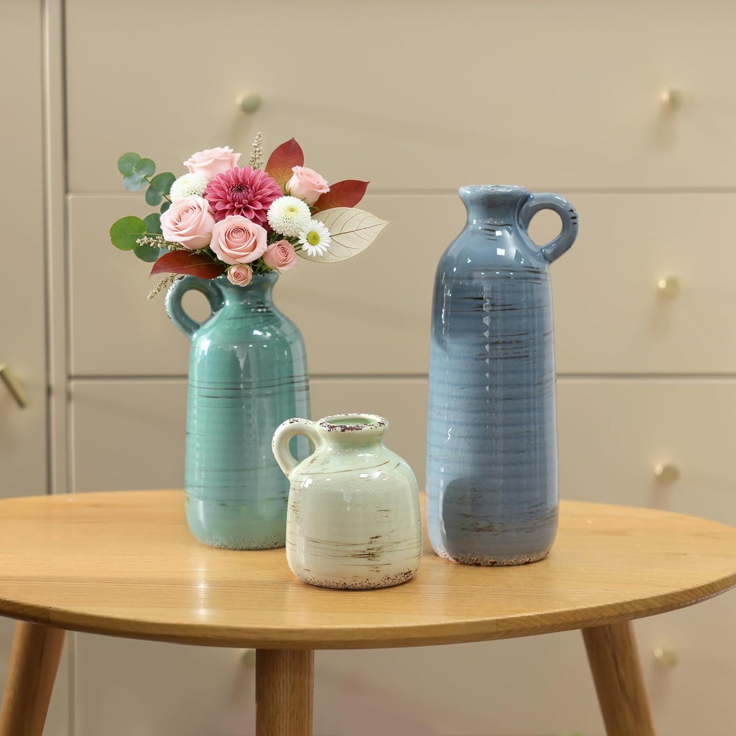 Modern Ceramic Vase Set of 5, Vases Home Decor Rustic Farmhouse Decorative Vase Pottery Vases for Bouquet Pampas Grass Dried Fresh Flowers, Table Living Room Kitchen Bedroom