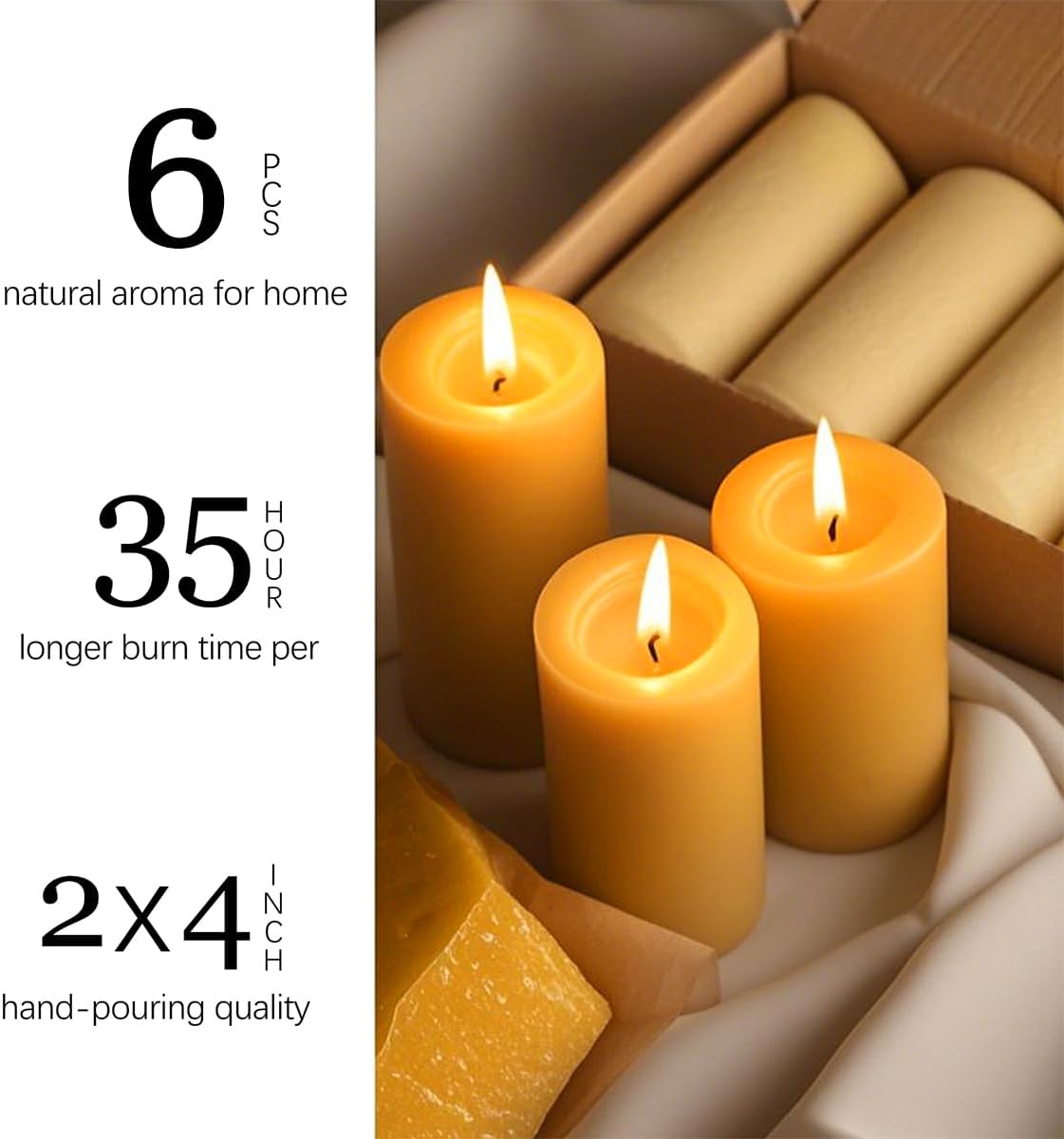 Natural Beeswax Candles 4 Packs, Beeswax Pillar Candles with 140 Hours Burn Time, Organic Emergency Candle Long Burning for Home Room, Smokeless & Dripless, 2x4 inch
