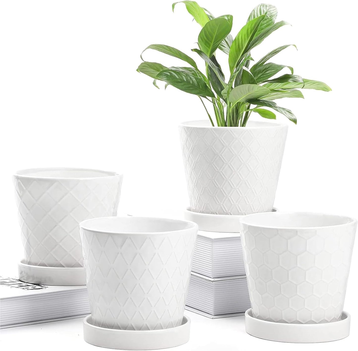 BUYMAX Plant Pots Indoor –5 inch Ceramic Flower Pot with Drainage Hole and Ceramic Tray - Gardening Home Desktop Office Windowsill Decoration Gift, Set of 4-Plants NOT Included (Patina)