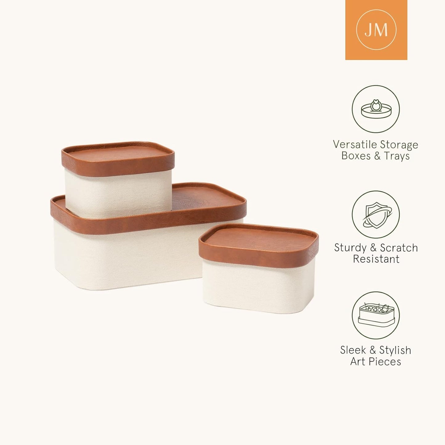 LA JOLIE MUSE Fluted Cardboard Storage Baskets with Leather-Like Lids, Sturdy Stackable Paper Boxes Decorative Tray, Chocolate Brown, Set of 3