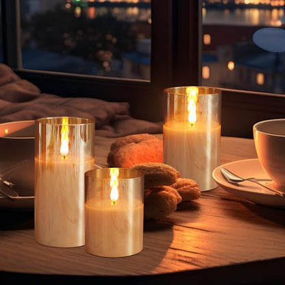 Rechargeable Flameless Glass Pillar Candles–Gifts for Women,–Set of 3, Realistic Flickering LED Light,Remote & Timer, Ideal for Living Room, Bedroom & Festival Wedding Home Party Decor
