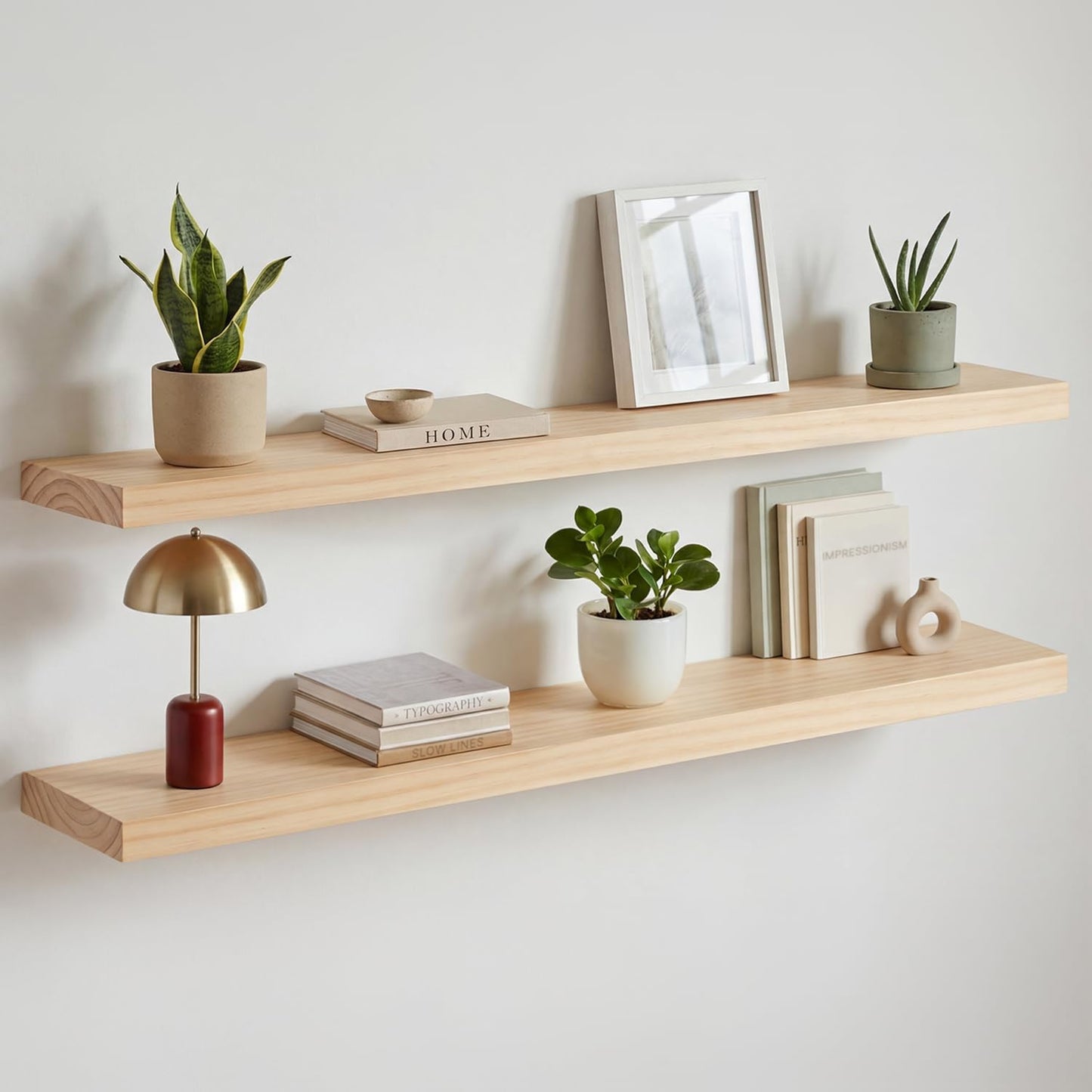 Homeforia 24 inch Natural Floating Shelf, High End Solid Real Wood 24inch Small Floating Shelves for Wall Mounted, Natural Wooden Floating Shelves, Heavy Duty Bracket, 24 X 6.5 X 1.75 in, Set of 2