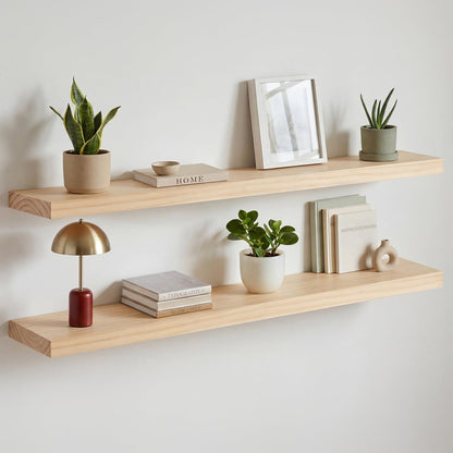 Homeforia 24 inch Natural Floating Shelf, High End Solid Real Wood 24inch Small Floating Shelves for Wall Mounted, Natural Wooden Floating Shelves, Heavy Duty Bracket, 24 X 6.5 X 1.75 in, Set of 2