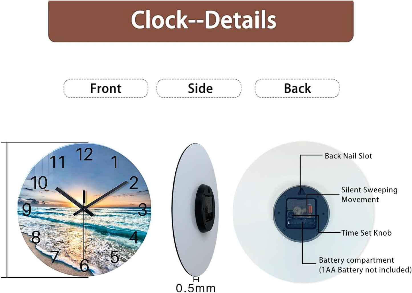 Beach Wall Clock Battery Operated 12 Inch Glass Wall Clock Non Ticking Analog Blue Wall Clocks for Bedroom Living Room Office Decor