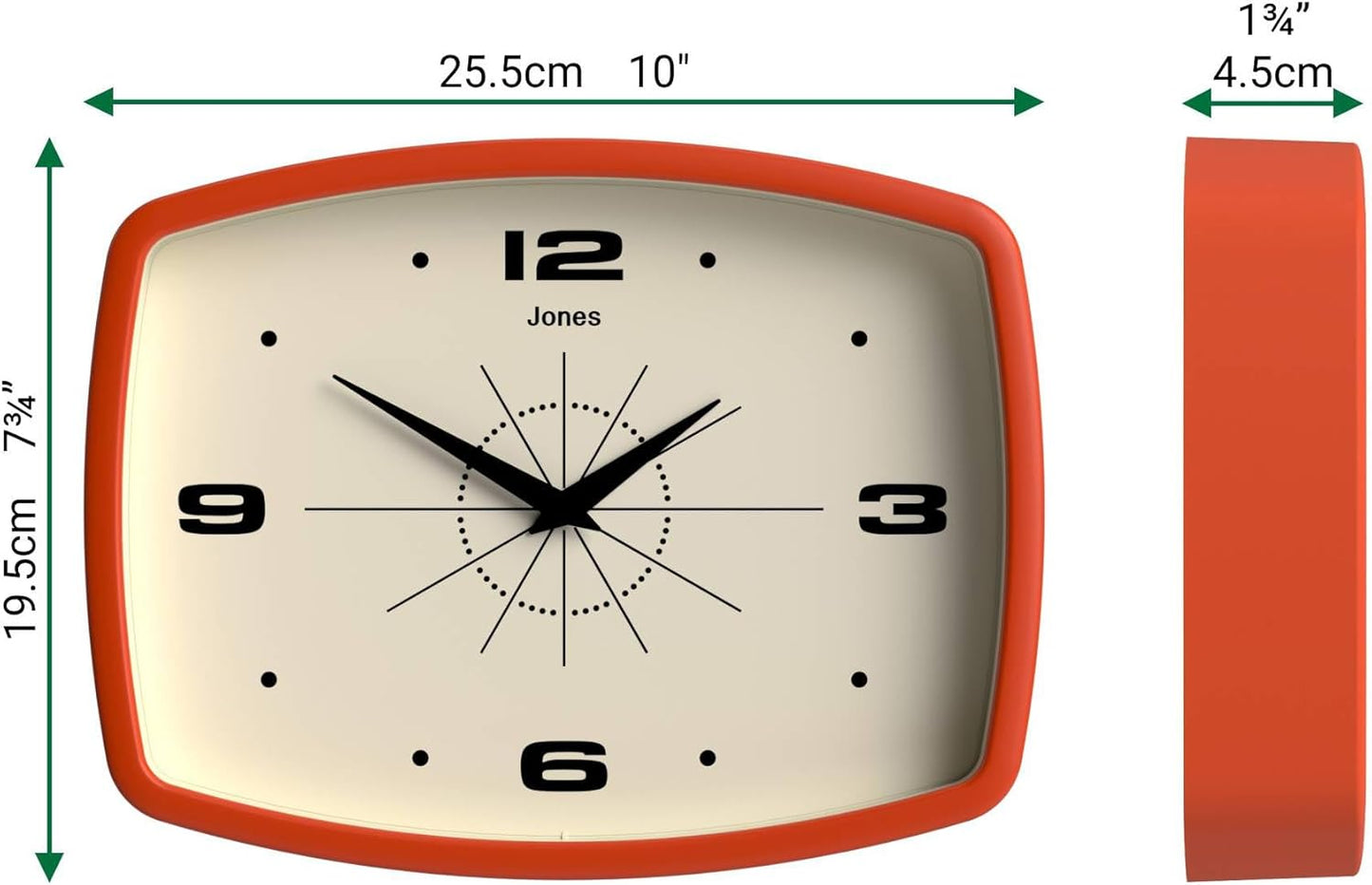 JONES CLOCKS® Movie wall Clock | Retro Rectangular Clock | 10 inch | Orange | Cool mid-Century Designer Look for Kitchen, Living Room or Office