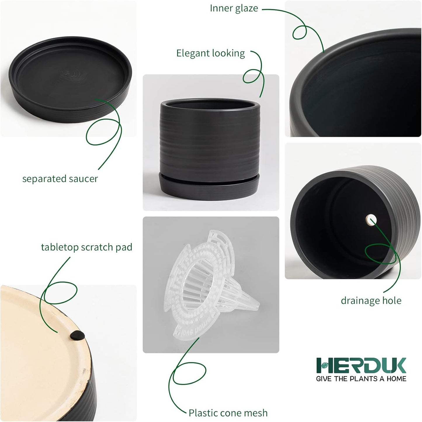 HERDUK 6 Inch Plant Pots, Ceramic Planter Pot with Drainage Hole & Saucer, Indoor/Outdoor Cylinder Round Planter Pot, Green & Beige
