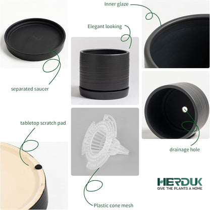 HERDUK 6 Inch Plant Pots, Ceramic Planter Pot with Drainage Hole & Saucer, Indoor/Outdoor Cylinder Round Planter Pot, Green & Beige