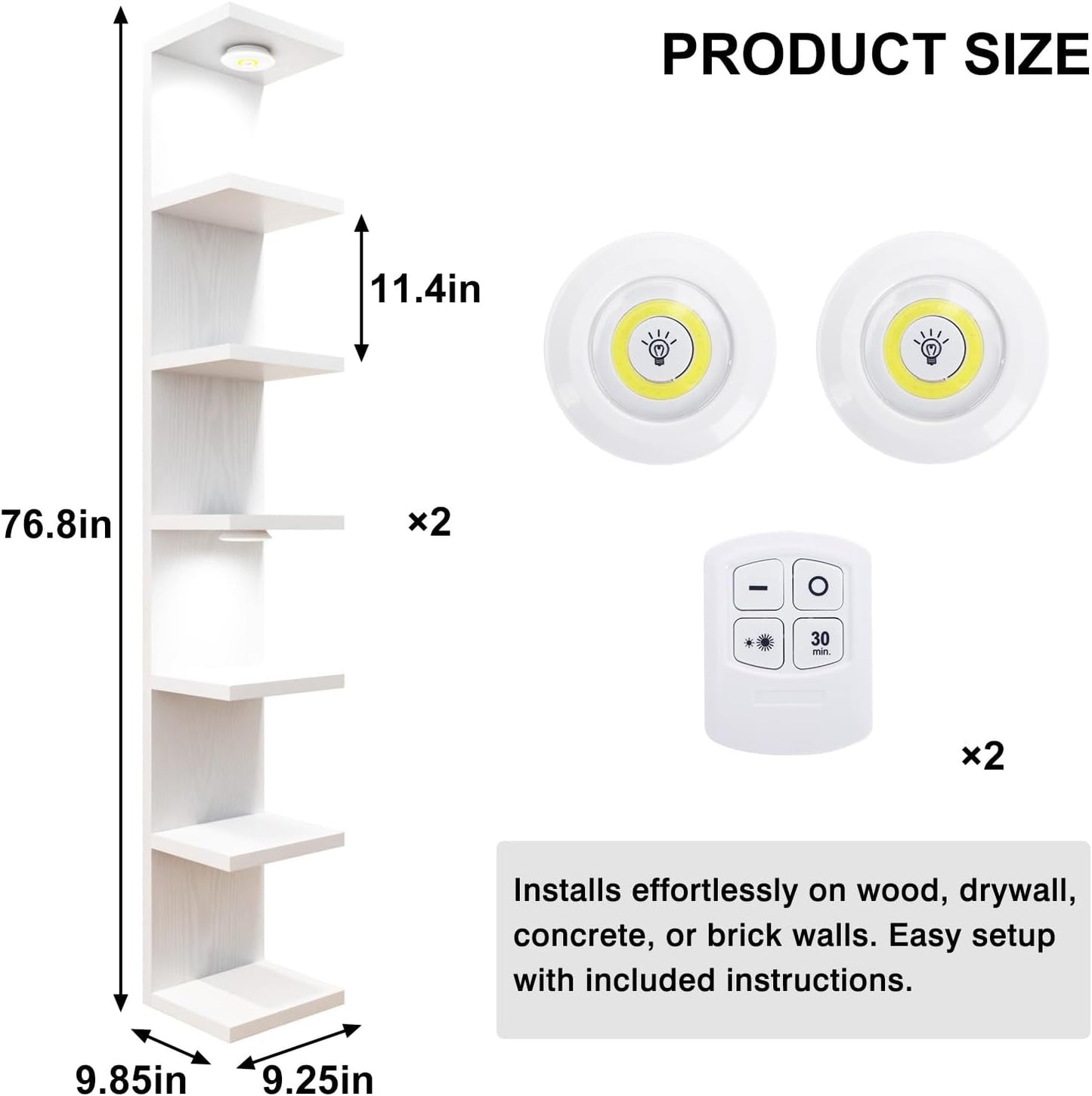 Fixwal Wall Decor 7 Tier Wall Shelf Unit Floating Shelves with LED Lights Lack Shelf for Home Organizer Display White