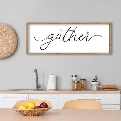 FZMHASLWW Gather Sign Wall Decor 32"×12" Large Wooden Framed for Dining Room Simple Home Kitchen Hanging Art (Wood)