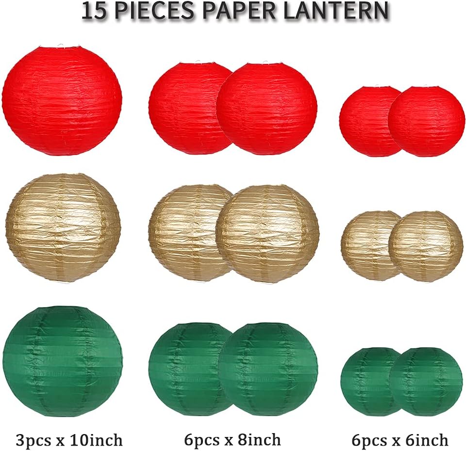 Paper Lanterns Decorative, Round Hanging Paper Lanterns Decorations for Rustic Party Bridal Shower Wedding Sage Green Birthday Party Supplies Gold/Ivory/Sage Green 15pcs