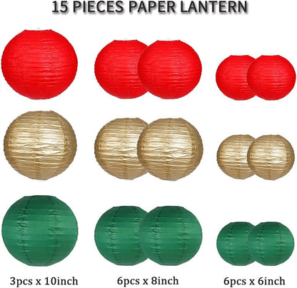 Paper Lanterns Decorative, Round Hanging Paper Lanterns Decorations for Rustic Party Bridal Shower Wedding Sage Green Birthday Party Supplies Gold/Ivory/Sage Green 15pcs