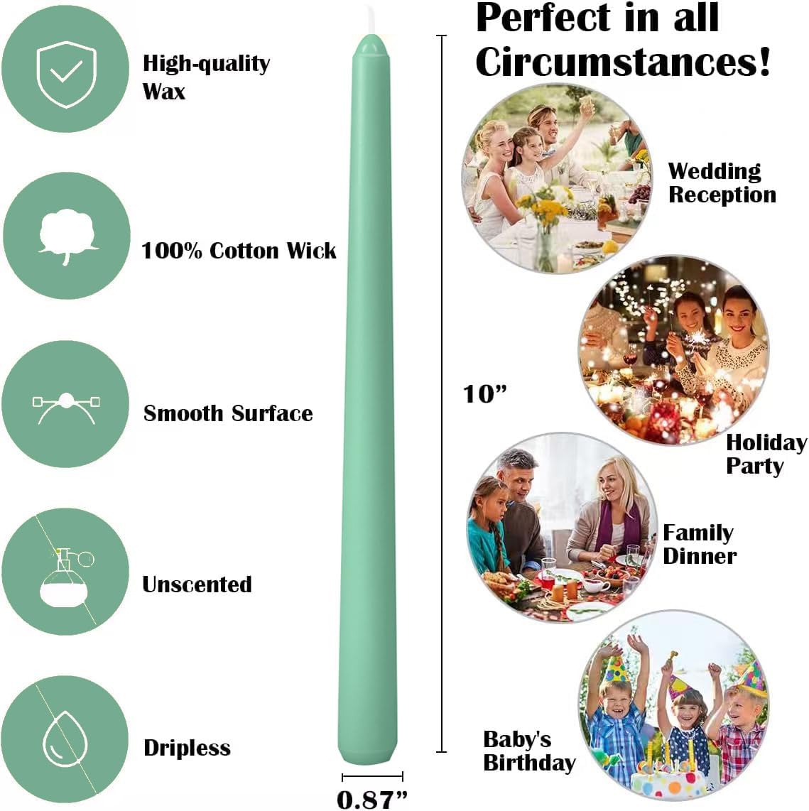 12-Pack Olive Green Taper Candles, 10 Inch Unscented Dripless Candlesticks, Long-Lasting Burn Time of 7-8 Hours, Perfect for Christmas Home Décor Spring and St. Patrick's Day