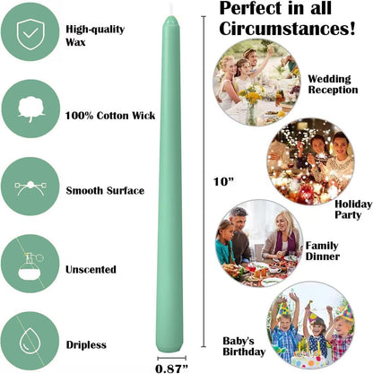 12-Pack Olive Green Taper Candles, 10 Inch Unscented Dripless Candlesticks, Long-Lasting Burn Time of 7-8 Hours, Perfect for Christmas Home Décor Spring and St. Patrick's Day