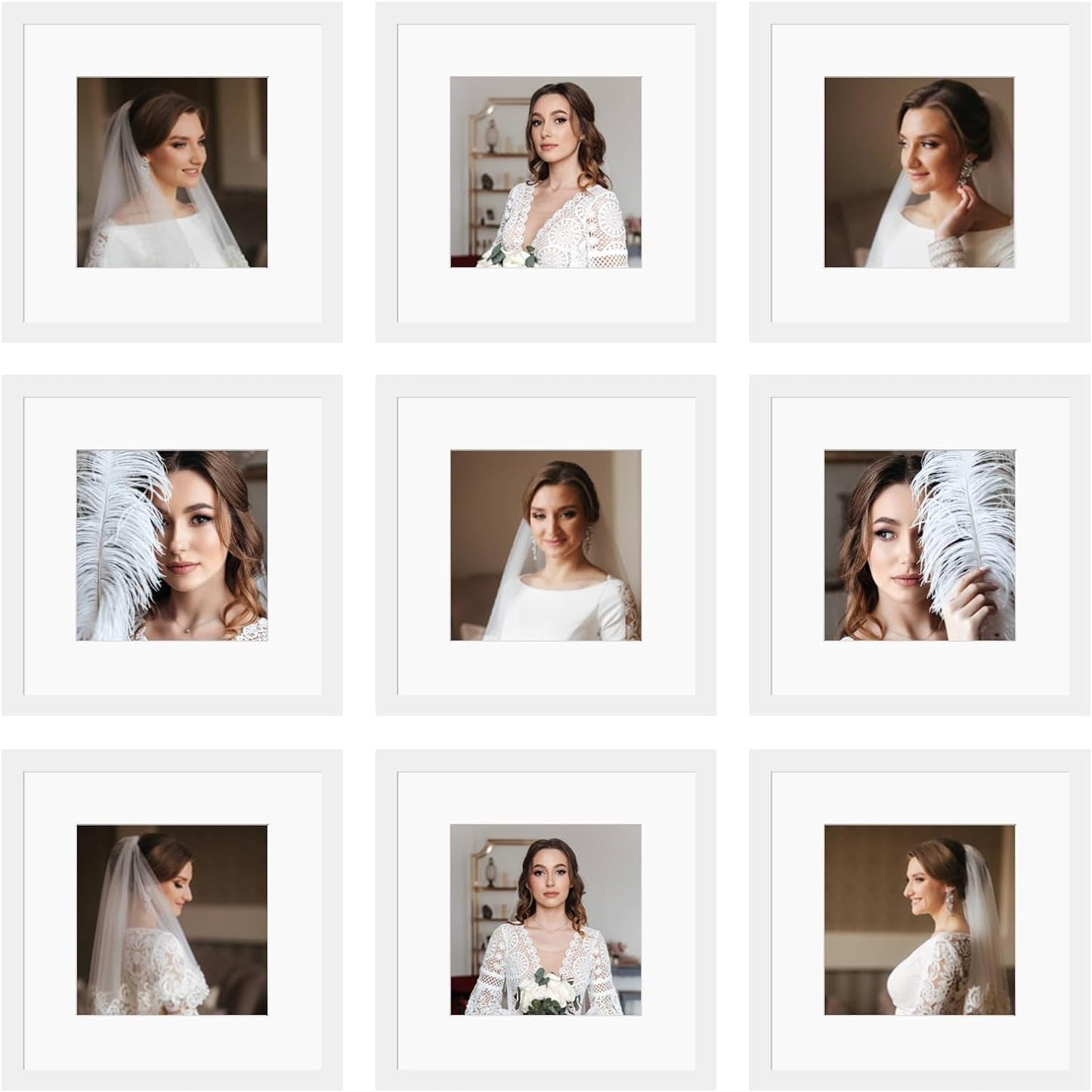 12x12 Picture Frame Set of 9, Display Pictures 8x8 with Mat or 12x12 without Mat, Multi Collage Gallery Square Photo Frames for Wall or Tabletop, Black