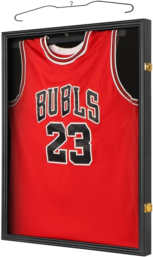 Large Lockable Jersey Frame Display Case Wall Mount, T-Shirt Shadow Box with Clear UV-Protective Acrylic, Hangers Linen Backing for Football, Basketball, Baseball