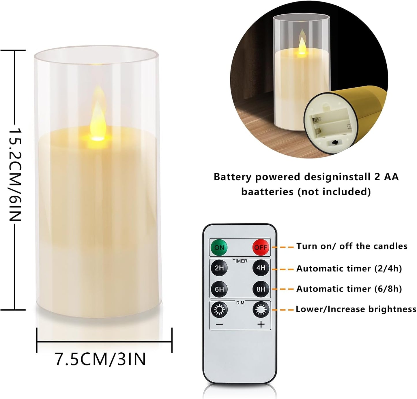 wemarry Flameless Candles 4" 5" 6" Acrylic Glass Pillars 3" Diameter Battery Operated Flickering Candles Include 8-Key Remote with Timer Function 400+ Hours (Gray, Warm Light 3 Pack)