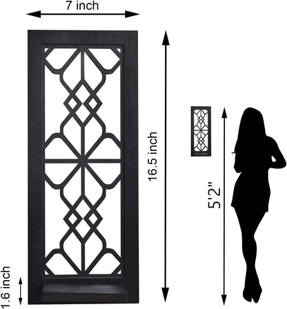 Wood Wall Sconce Candle Holder Set 2, Rustic Wall-Mount Candle Holders, Farmhouse Hanging Wall Décor, Carved Wood Frame, Mirrored Candle Holder (Distressed White)