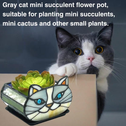 Tiffany Stained Glass Fun Moon Sleeping Cat Planter，Cactus Planter，Cute Planters for Indoor Plants,Decorative Flower Pots As Gifts for Cat Lovers，4.6x3x5.15 in