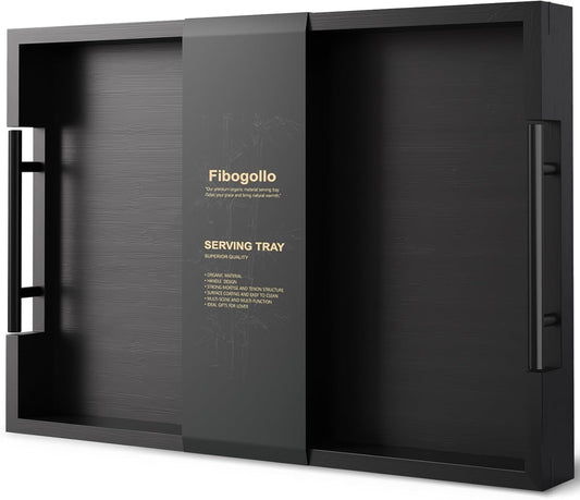 Fibogollo Bamboo Serving Tray with Metal Handles,15x10in Ottoman Decorative Trays Platter for Coffee Table,Living Room,Bar,Party,Medium(Black)