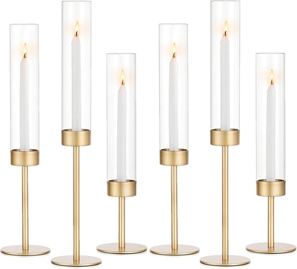 Glass Hurricane Candlestick Holders Gold - Romadedi Taper Candle Holder Tall Clear Glass Cylinder Table Centerpiece Wedding Decor Party Birthday Christmas Home Decorations Set of 3