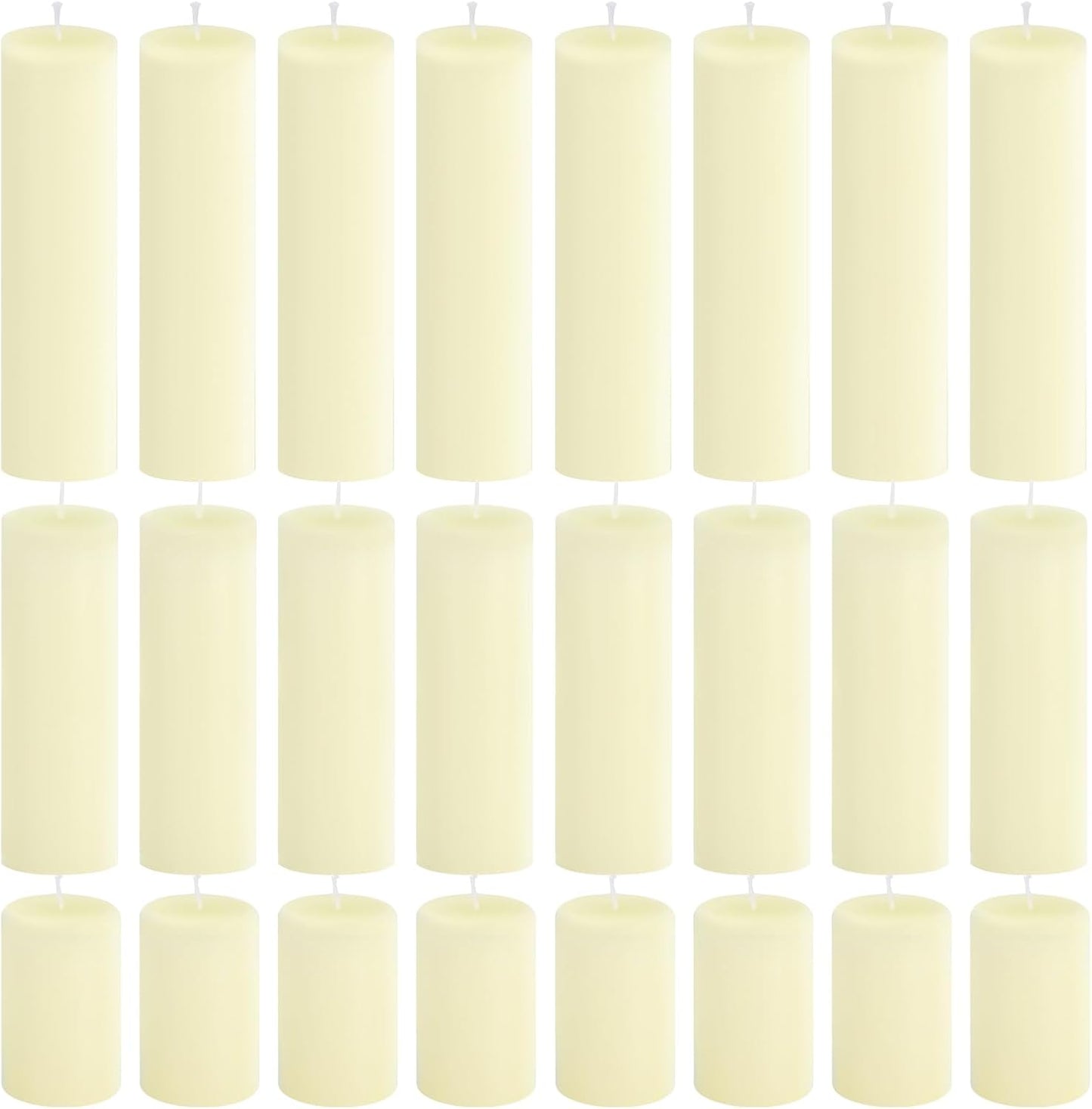 12-Pack Ivory Unscented Pillar Candle Set - 2x3, 2x6, 2x8-inch Long-Burning Drip-Free Tapers, 4 Per Size. Ideal for Home Decor, Weddings, Emergencies, and Holidays.