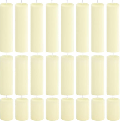 12-Pack Ivory Unscented Pillar Candle Set - 2x3, 2x6, 2x8-inch Long-Burning Drip-Free Tapers, 4 Per Size. Ideal for Home Decor, Weddings, Emergencies, and Holidays.