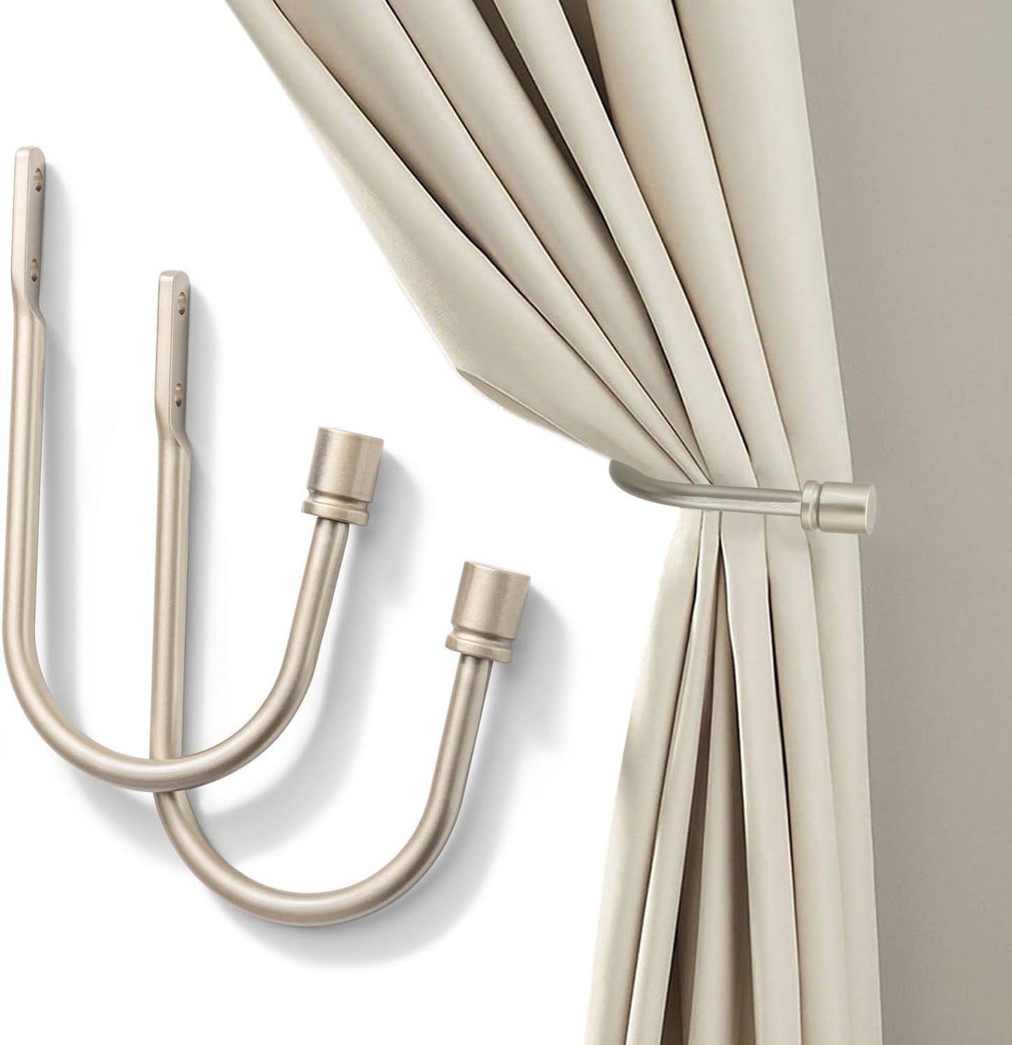 2 Pack Curtain Holdbacks - Silver, Decorative Drapery Wall Hooks with Hardware, Curtain Pull Back Hooks, Metal Curtain Tiebacks Wall Mounted, Window Side Holders for Drapes, Curtain Accessories
