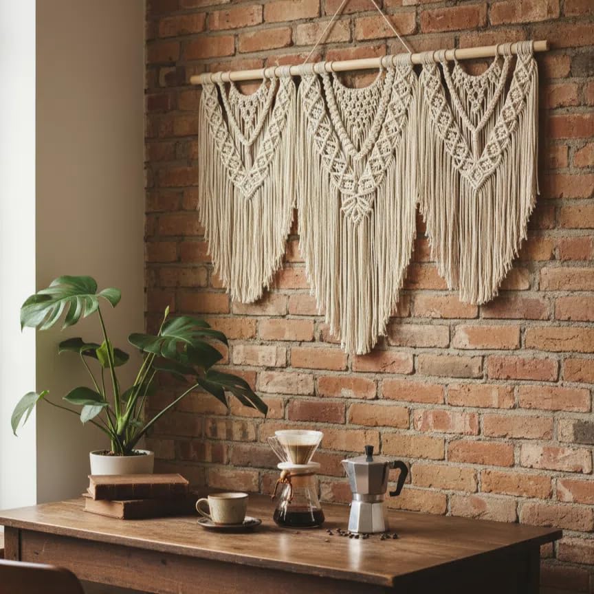 oiikain Large Handmade Boho Macrame Wall Hanging Tapestry - Chic Bohemian Woven Home Decor art for Living Room, Bedroom, and Wedding Parties (Beige, twelve rhombus)