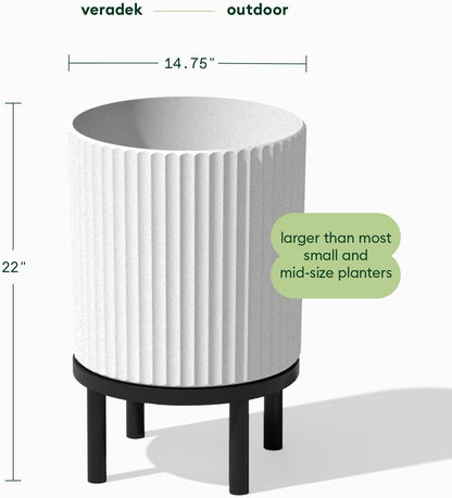 Veradek Demi Series Round Planter w/ Stand for Porch/Patio | Durable Plastic-Concrete & Wooden Stand | Modern Décor for Tall Plants, Flowers
