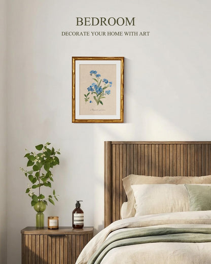InSimSea Gold Bamboo Framed Canvas Wall Art, Retro Blue Hydrangea Botanical Prints, Antique Flowers Picture Frame with Mat, Victorian Home Wall Decor for Kitchen Living Room Bedroom, 11x14inch