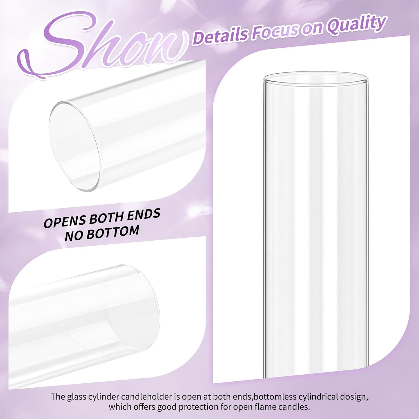24 PCS Hurricane Candle Holder, 2.5" W x 14" H Open Ended Glass Candle Cylinder Sleeve, Clear Glass Cylinder Candle Holder, Open Flame Candle Chimney Tube Cover, Bottomless Cylindrical Glass