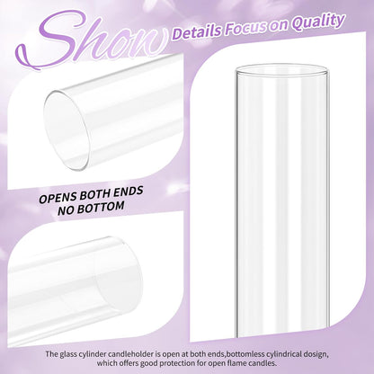 24 PCS Hurricane Candle Holder, 2.5" W x 14" H Open Ended Glass Candle Cylinder Sleeve, Clear Glass Cylinder Candle Holder, Open Flame Candle Chimney Tube Cover, Bottomless Cylindrical Glass
