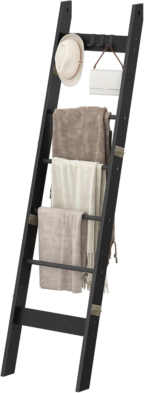 Hzuaneri Blanket Ladder for Living Room, Decorative Quilt Rack with 4 Removable Hooks, 5-Tier Farmhouse Ladder Holder Shelf Organizer for Bedroom, Rustic Brown and Black 02101BBR