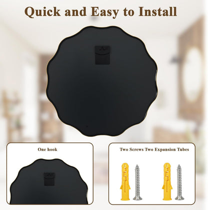 VooBang Black Scalloped Large Circle Mirror, 42" Wavy Edge Round Wall Mirror with Tempered Glass Textured Circular Metal Deep Frame, Hanging Leaning for Bathroom, Hallway, Entryway, Livng Room