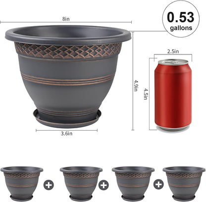 Usocik 10 Inch 4 Pack Plant Pots, Plastic Flower Pot for Indoor & Outdoor with Drainage Holes & Saucer, Plaid Pattern Planters Garden Pots for Herbs