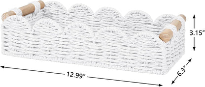 CubesLand Paper Rope Scalloped Edge Toilet Paper Storage Basket, Small Living Room, Bedroom Decor Baskets for Over Toilet Storage Shelf, End Table, Shelves and More, with 2 Wooden Handle, Neutral