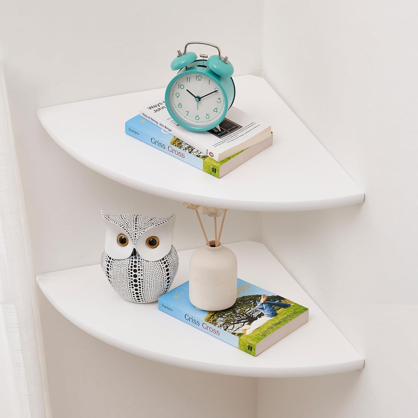 Corner Shelves, Floating Corner Shelf, Set of 2 7inch Solid Oak Wood Wall Shelves, Round End Wall Mount with Wire Hole Shelving for Small Plant for Bedroom Kitchen, Living Room
