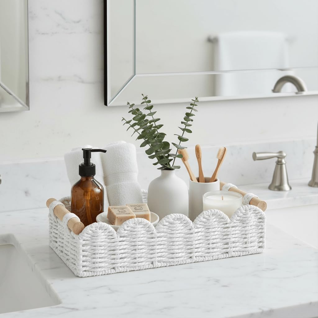 CubesLand Paper Rope Scalloped Edge Toilet Paper Storage Basket, Small Living Room, Bedroom Decor Baskets for Over Toilet Storage Shelf, End Table, Shelves and More, with 2 Wooden Handle, Neutral