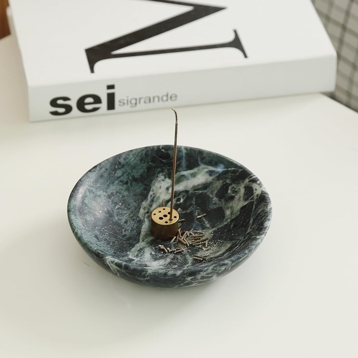 Koville Natural Marble Incense Holder, Incense Holder for Sticks with 9 Holes, Handmade Incense Burner Ash Catcher for Meditation Yoga SPA, Balsam Fir/Palo Santo/Sage/Cone (Green)