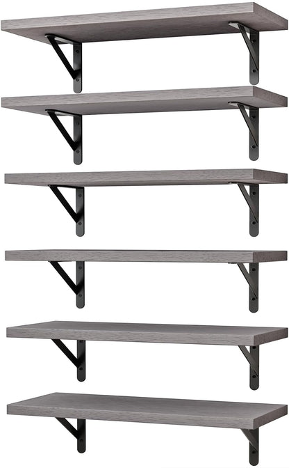 YGEOMER Brown Floating Shelves for Wall, 16.5 Inch Farmhouse Wall Shelves for Bedroom, Bathroom Storage, Living Room and Kitchen Decor (Set of 6 Brown)