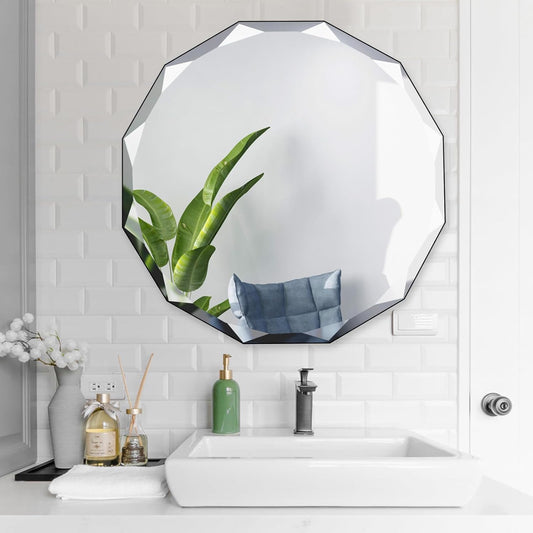 QDSSDECO Round Mirror Sunburst Wall Mirror 24" Beveled Edge Frameless for Living Room Bathroom Bedroom Entryway Decor