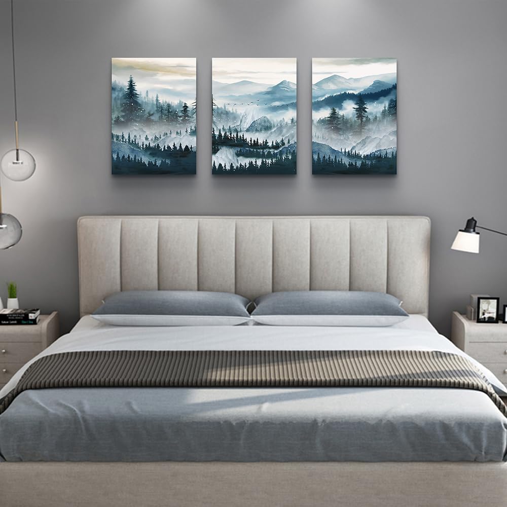MHARTK66 Wall Art for Living Room Modern Wall Decor for Bedroom Office Decor Abstract Mountain Forest Landscapes Ink Painting 3 Piece Framed Canvas Art Prints Ready to Hang Wall Pictures Home Decor