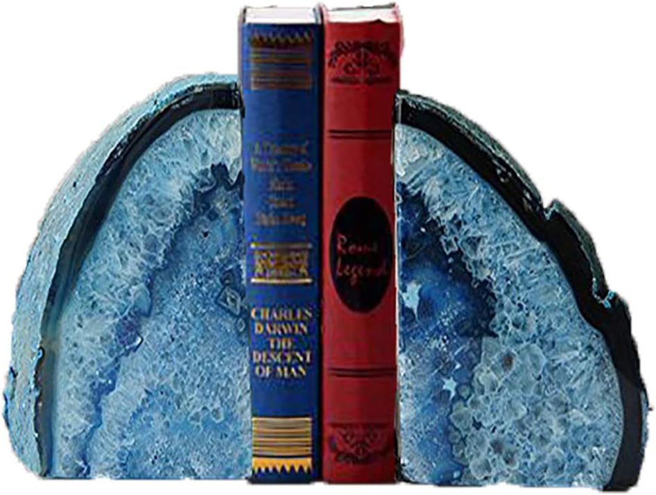 JIC Gem Dyed Blue Agate Bookends Geode Decorative Book Ends for Heavy Books with Rubber Bumpers for Office and Home Decoration Polished Small Size 2 to 3 Lbs