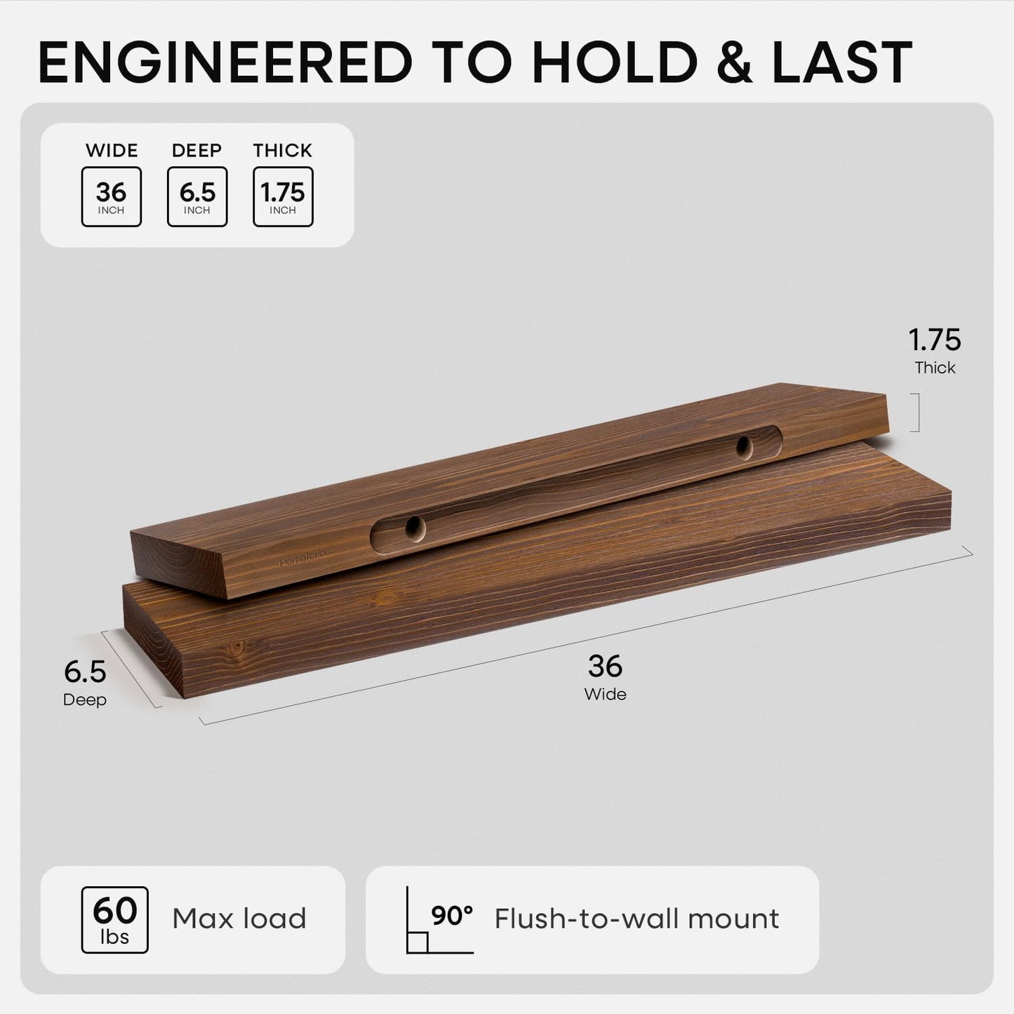 Homeforia 24 inch Natural Floating Shelf, High End Solid Real Wood 24inch Small Floating Shelves for Wall Mounted, Natural Wooden Floating Shelves, Heavy Duty Bracket, 24 X 6.5 X 1.75 in, Set of 2