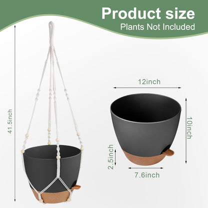 Vanslogreen Hanging Planters for Indoor Outdoor Plants, 2 Pack Self Watering Hanging Pot with Drainage Holes & Removable Tray (Black, 8'')