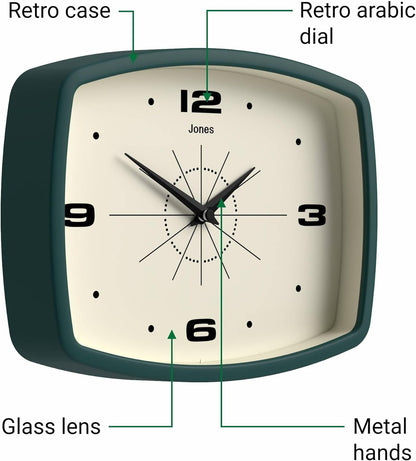 JONES CLOCKS® Movie wall Clock | Retro Rectangular Clock | 10 inch | Orange | Cool mid-Century Designer Look for Kitchen, Living Room or Office